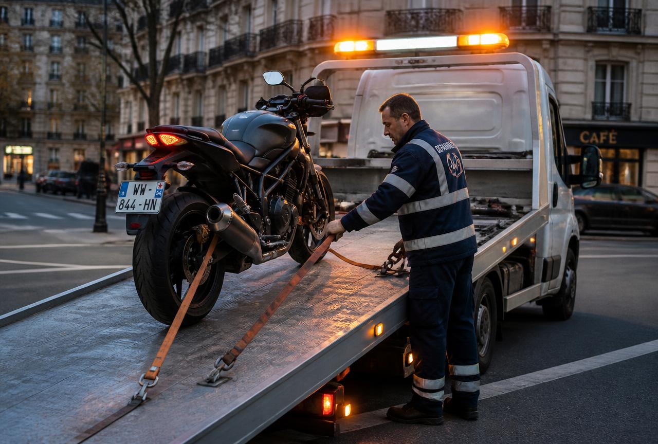 Moto sanglée sur le plateau d'une dépanneuse DEPAN JET