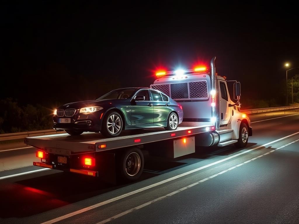 Dépanneuse plateau chargeant un véhicule immobilisé